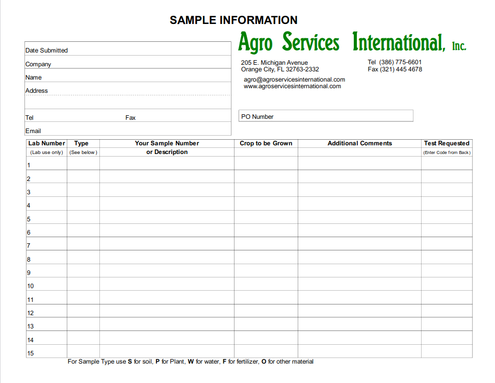 Agroservices sample submission form and price list